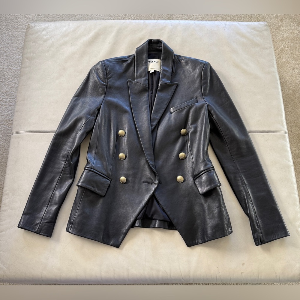 L'AGENCE Black Leather Blazer with Gold Buttons